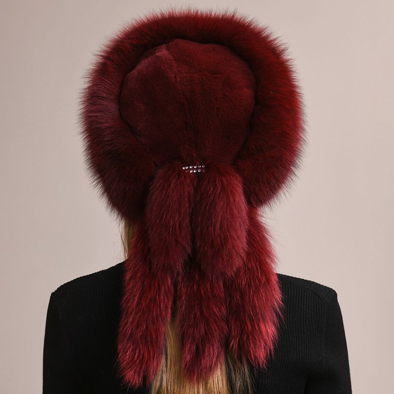 Soft Real Fox Fur Hat with Elegant Tails Women's Winter Fashion Cozy Full-Pelt Fur Beanie for Cold Weather