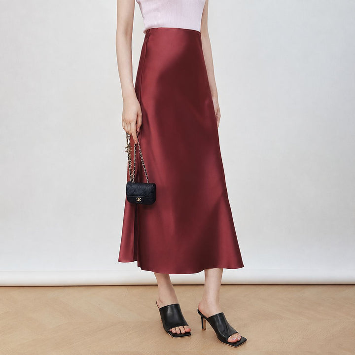 22 Momme Mulberry Charmeuse Silk Midi Skirt with Side Slit