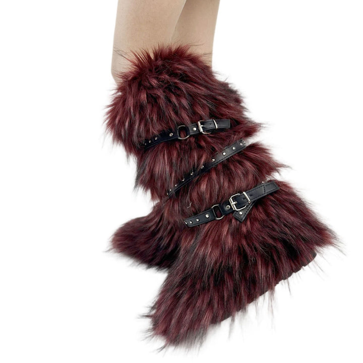 Womens Faux Fur Boot Winter Fluffy Long Furry Boots for Girls Outdoor Fuzzy Knee-High Sexy Snow Boots with Cross Straps and Buckle