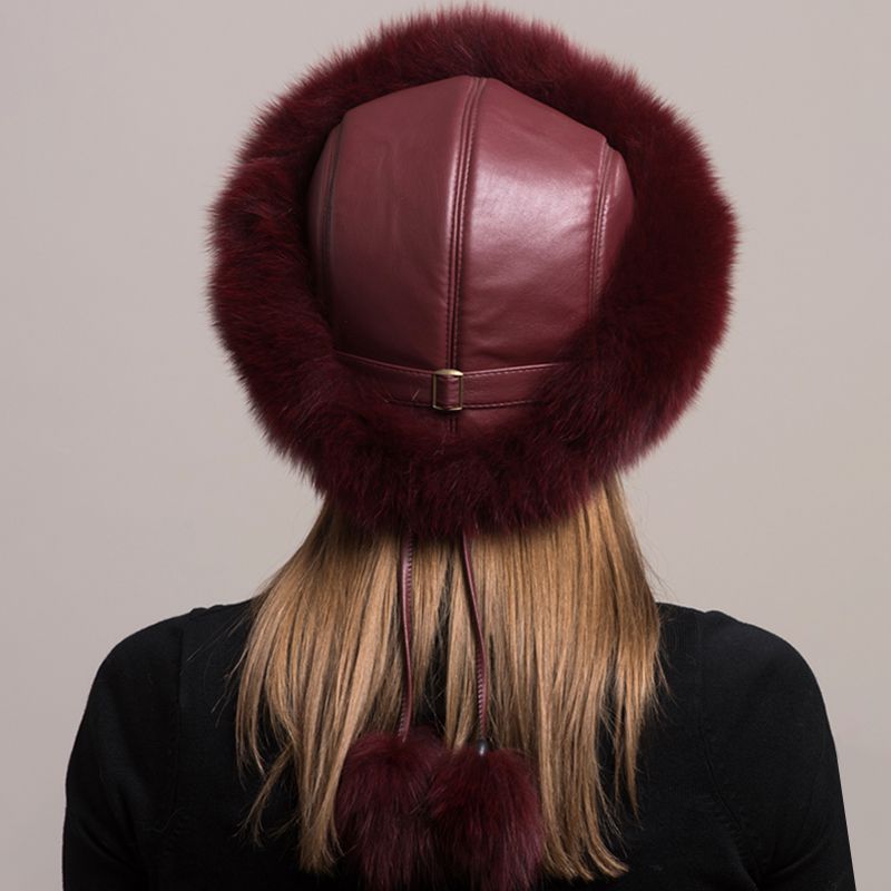 Women's Winter Fox Fur Roller Hat Sheepskin Pom Pom Fur Round Hat