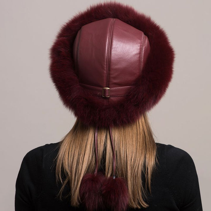 Women's Winter Fox Fur Roller Hat Sheepskin Pom Pom Fur Round Hat