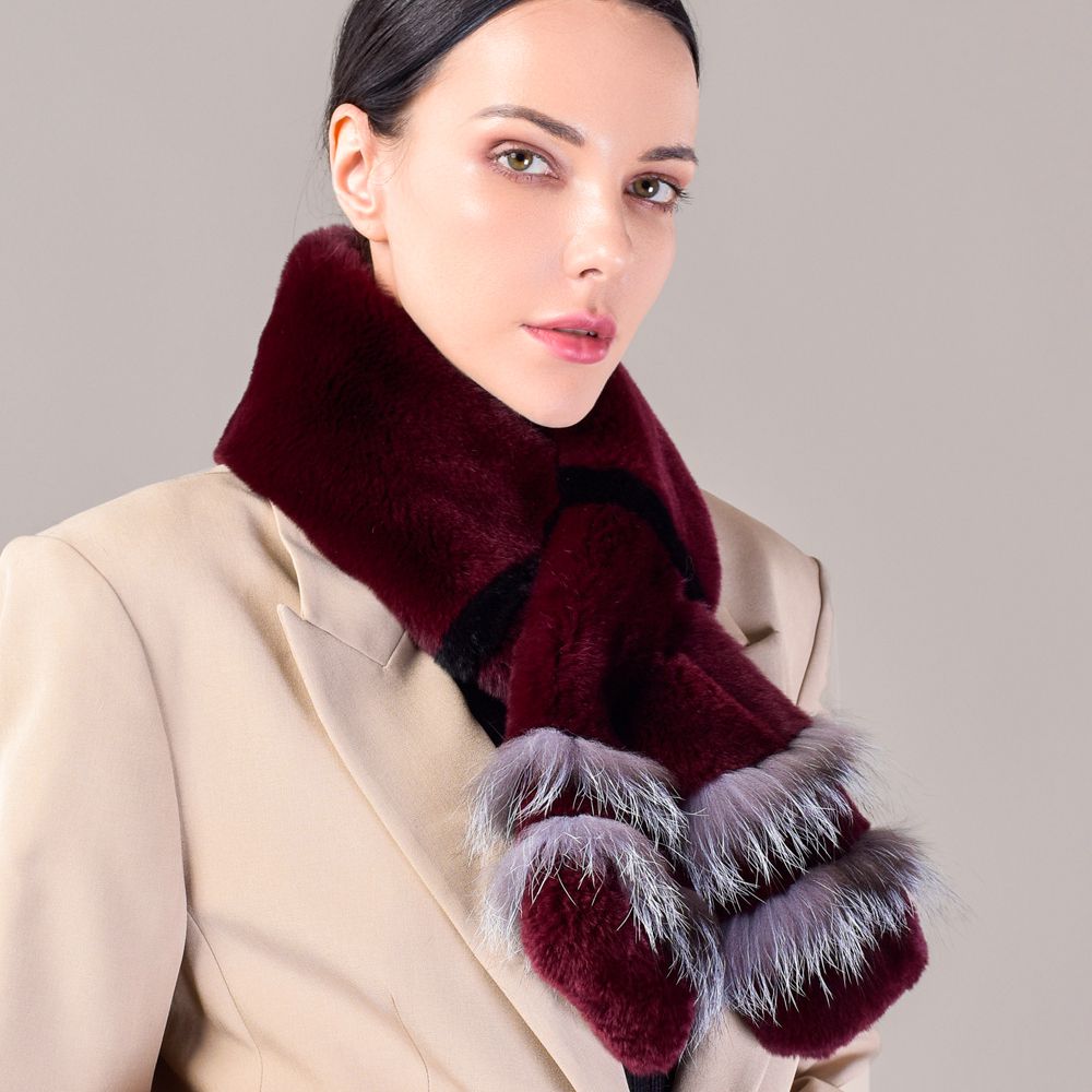 Soft Rabbit Fur Scarf with Fox Fur Trim Fashionable Two-Tone Women Winter Scarf