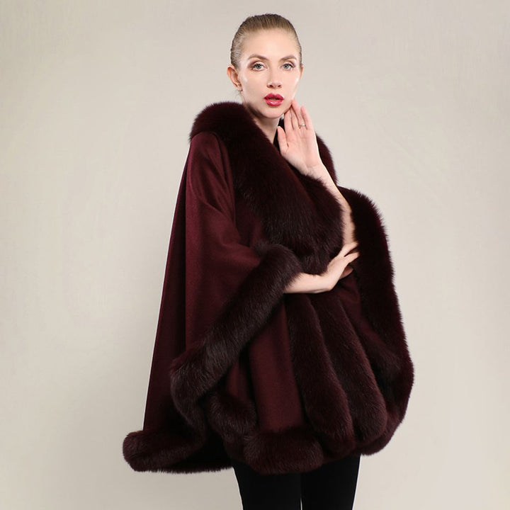 Women’s Oversized Cashmere Poncho Cape with Real Fox Fur Trim
