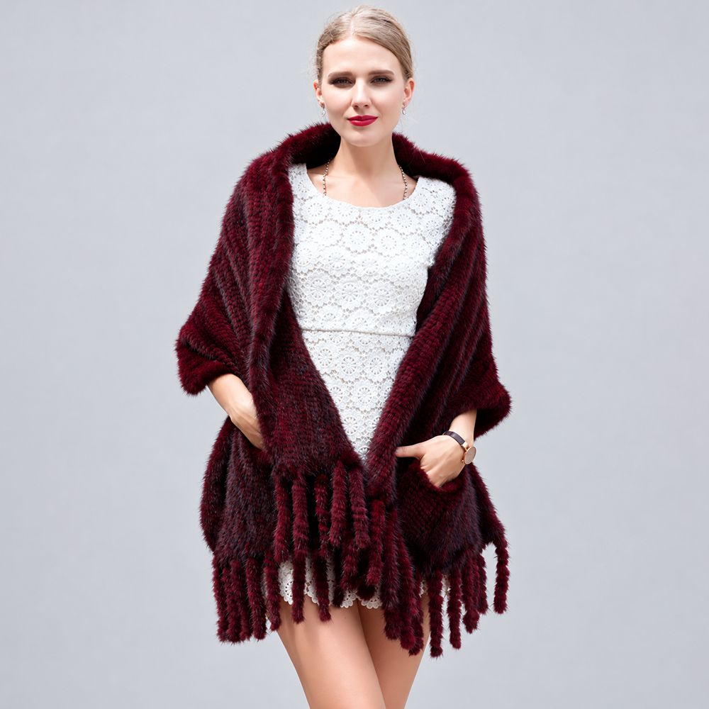 Women’s Real Mink Fur Cape Shawl with Fringe Genuine Mink Fur Wrap with Pockets