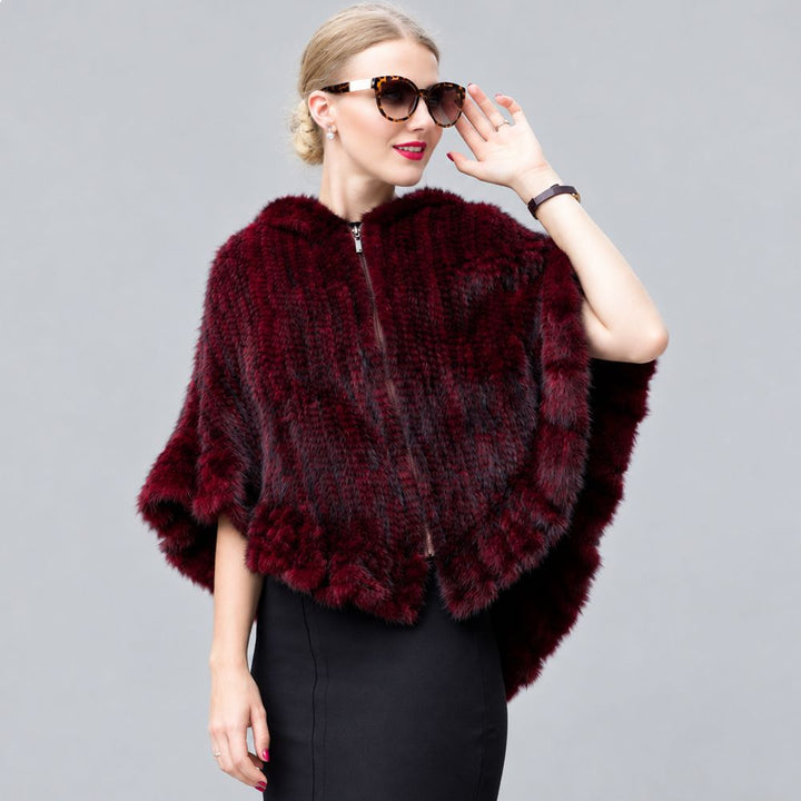 Genuine Mink Fur Zip Front Poncho with Hood Oversized Fur Cape Shawl Wrap