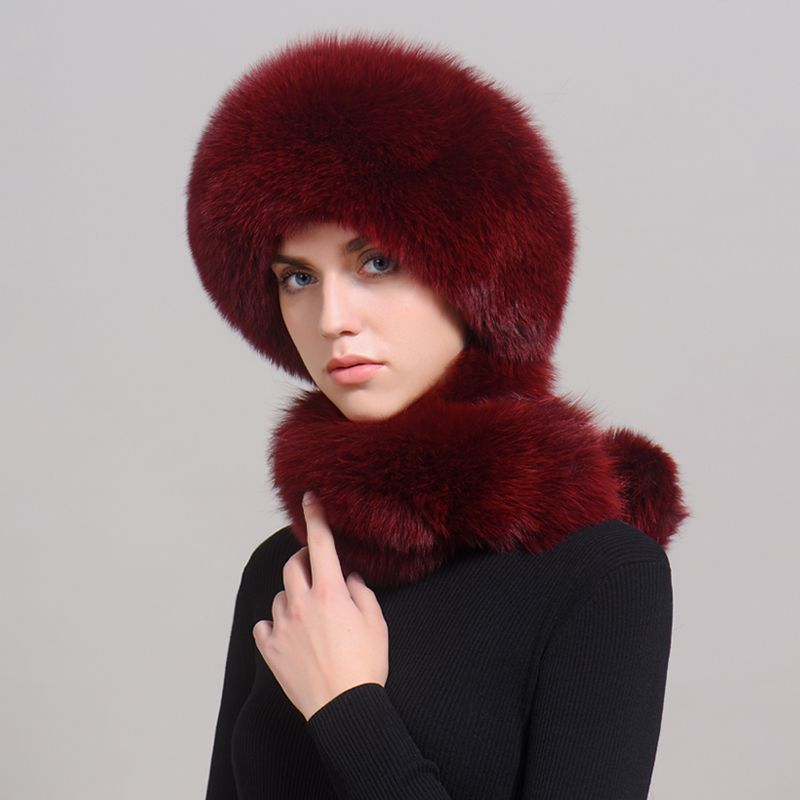 Luxury Winter Fox Fur Trapper Hat Women Pom Pom Fur Ushanka with Tail Scarf