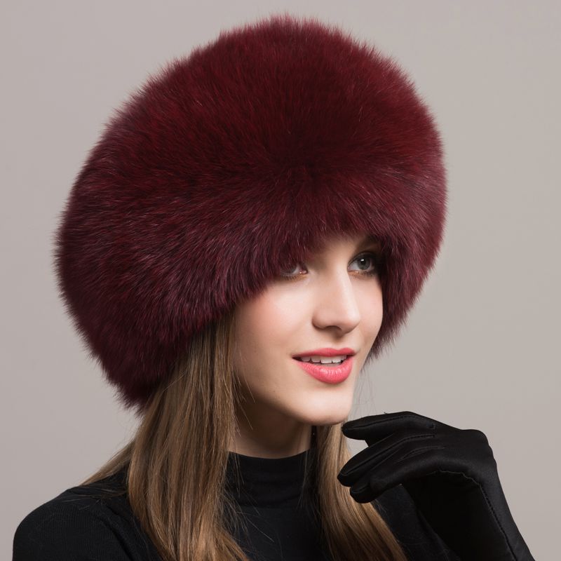 Women's Winter Fox Fur Roller Hat Sheepskin Pom Pom Fur Round Hat