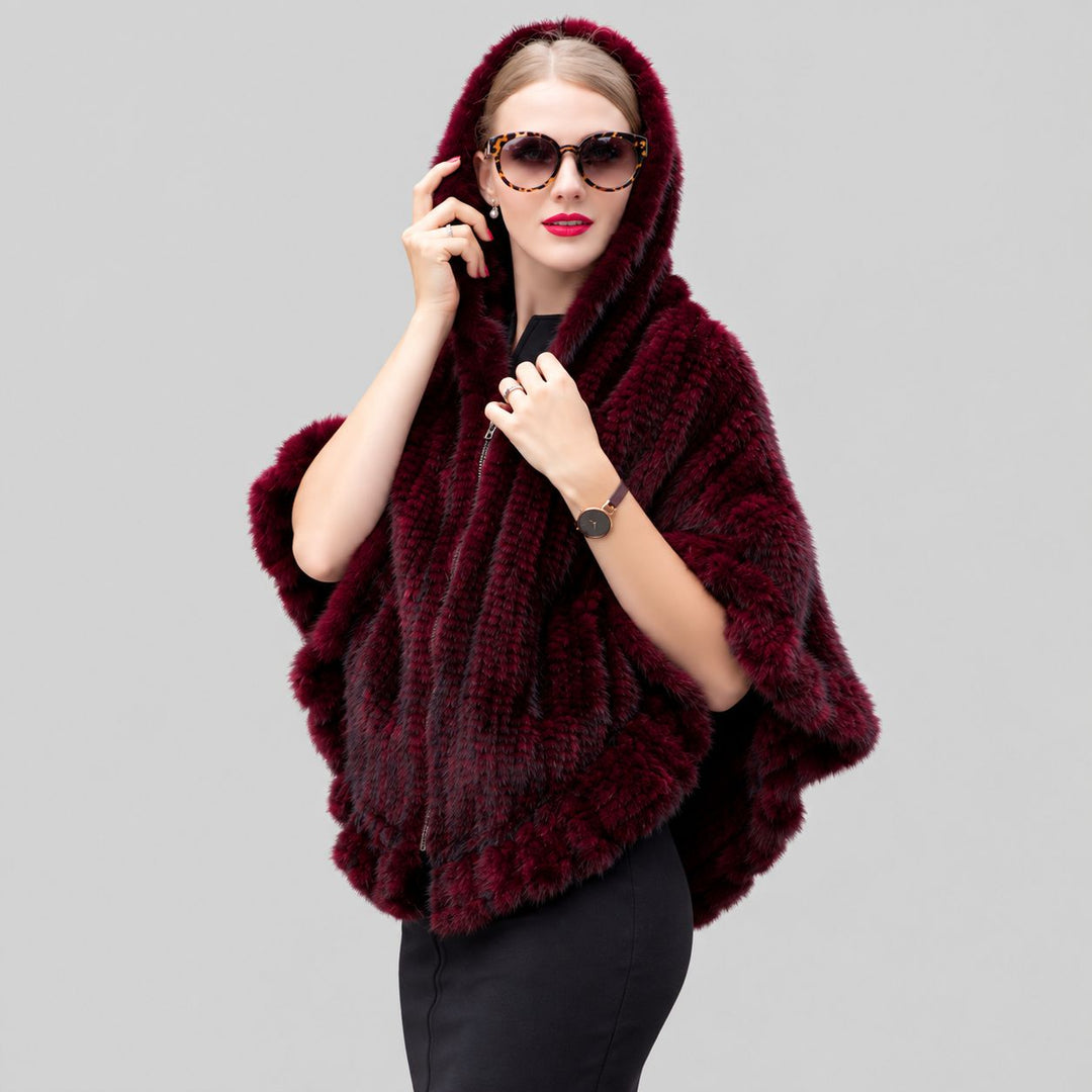 Genuine Mink Fur Zip Front Poncho with Hood Oversized Fur Cape Shawl Wrap