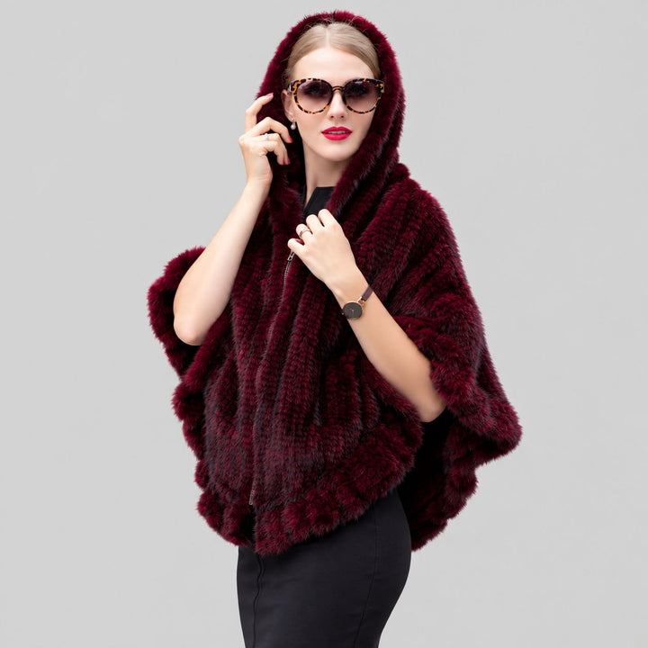 Genuine Mink Fur Zip Front Poncho with Hood Oversized Fur Cape Shawl Wrap