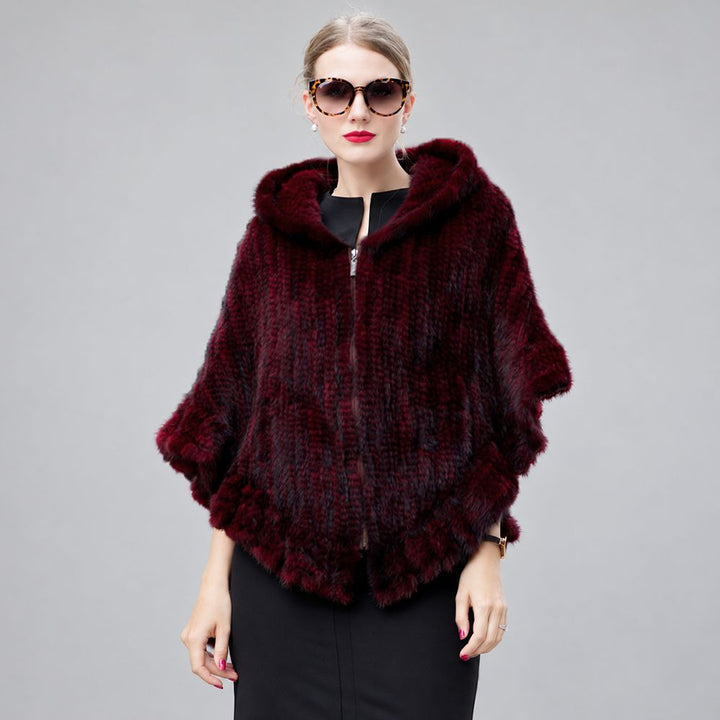 Genuine Mink Fur Zip Front Poncho with Hood Oversized Fur Cape Shawl Wrap