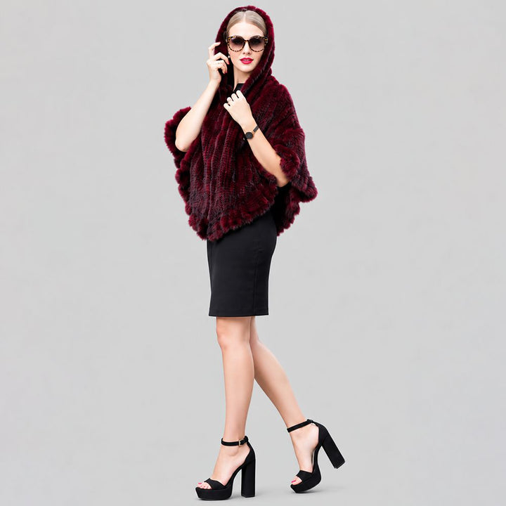 Genuine Mink Fur Zip Front Poncho with Hood Oversized Fur Cape Shawl Wrap