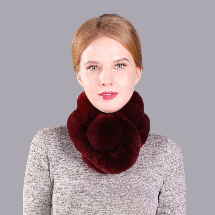 Luxury Real Rabbit Fur Collar Scarf with Pom-Pom Soft Winter Neck Warmer