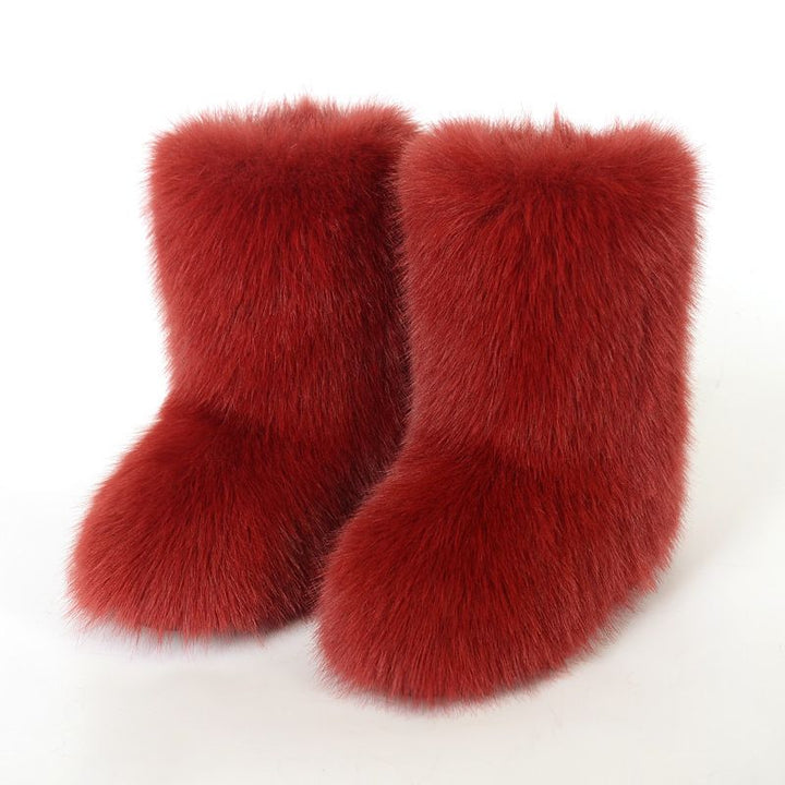 Faux Fox Fur Snow Boots for Women Winter Furry Cozy Slip-On Ankle Fur Boots