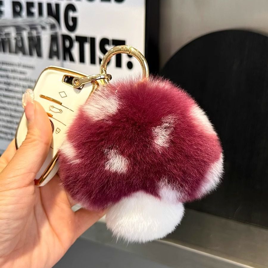 Cute Real Rex Rabbit Fur Mushroom Plush Keychain with White Polka Dots