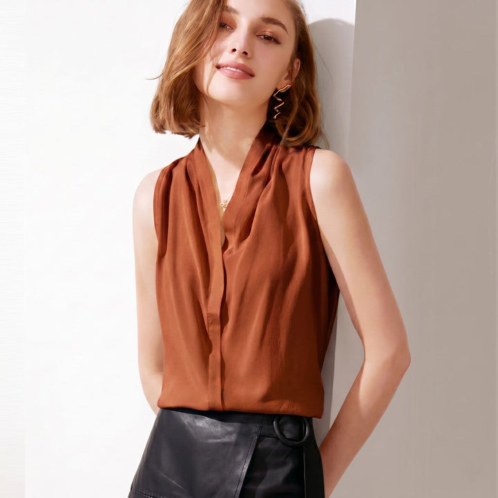 Women’s Sleeveless Draped V-Neck Mulberry Silk Blouse Top