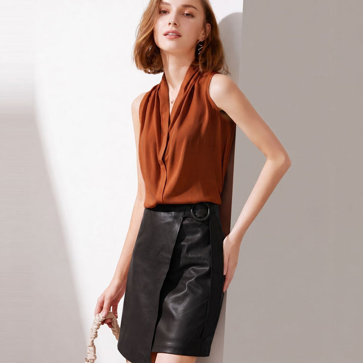 Women’s Sleeveless Draped V-Neck Mulberry Silk Blouse Top