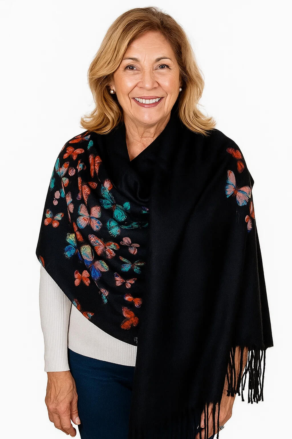 Butterfly Print 100% Cashmere Wrap Scarf with Fringe
