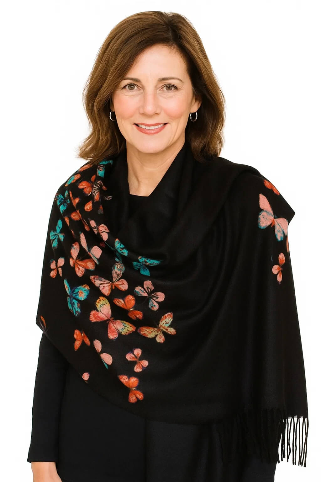 Butterfly Print 100% Cashmere Wrap Scarf with Fringe