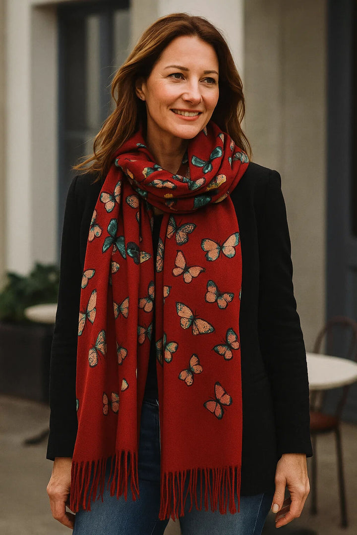 Butterfly Print 100% Cashmere Wrap Scarf with Fringe