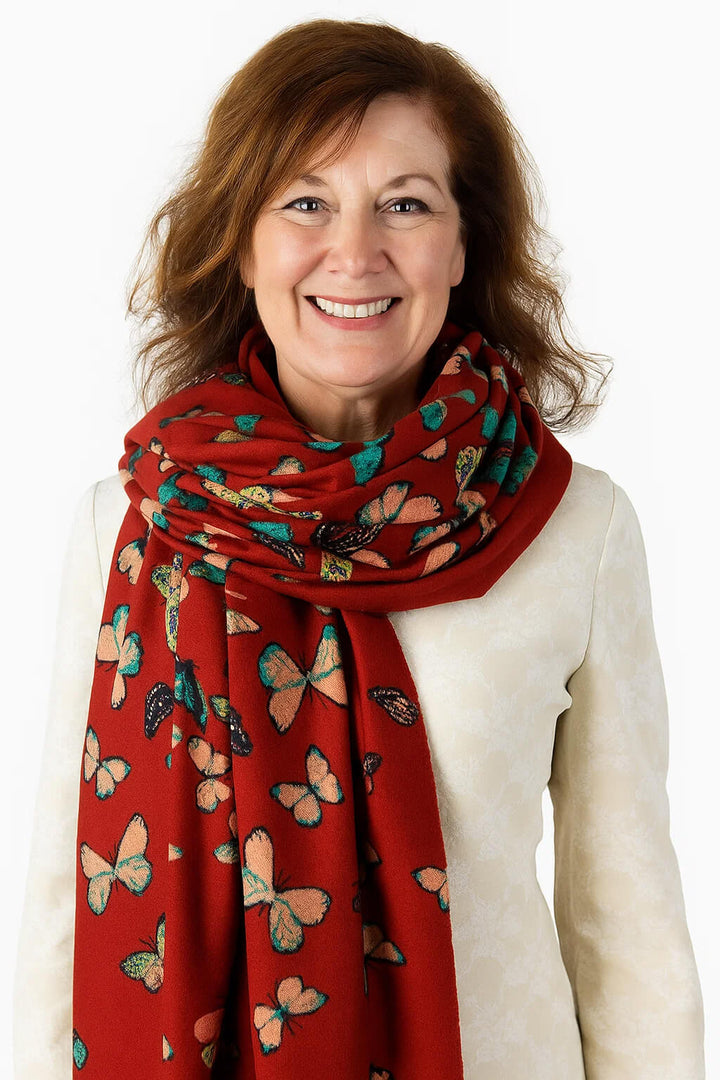 Butterfly Print 100% Cashmere Wrap Scarf with Fringe