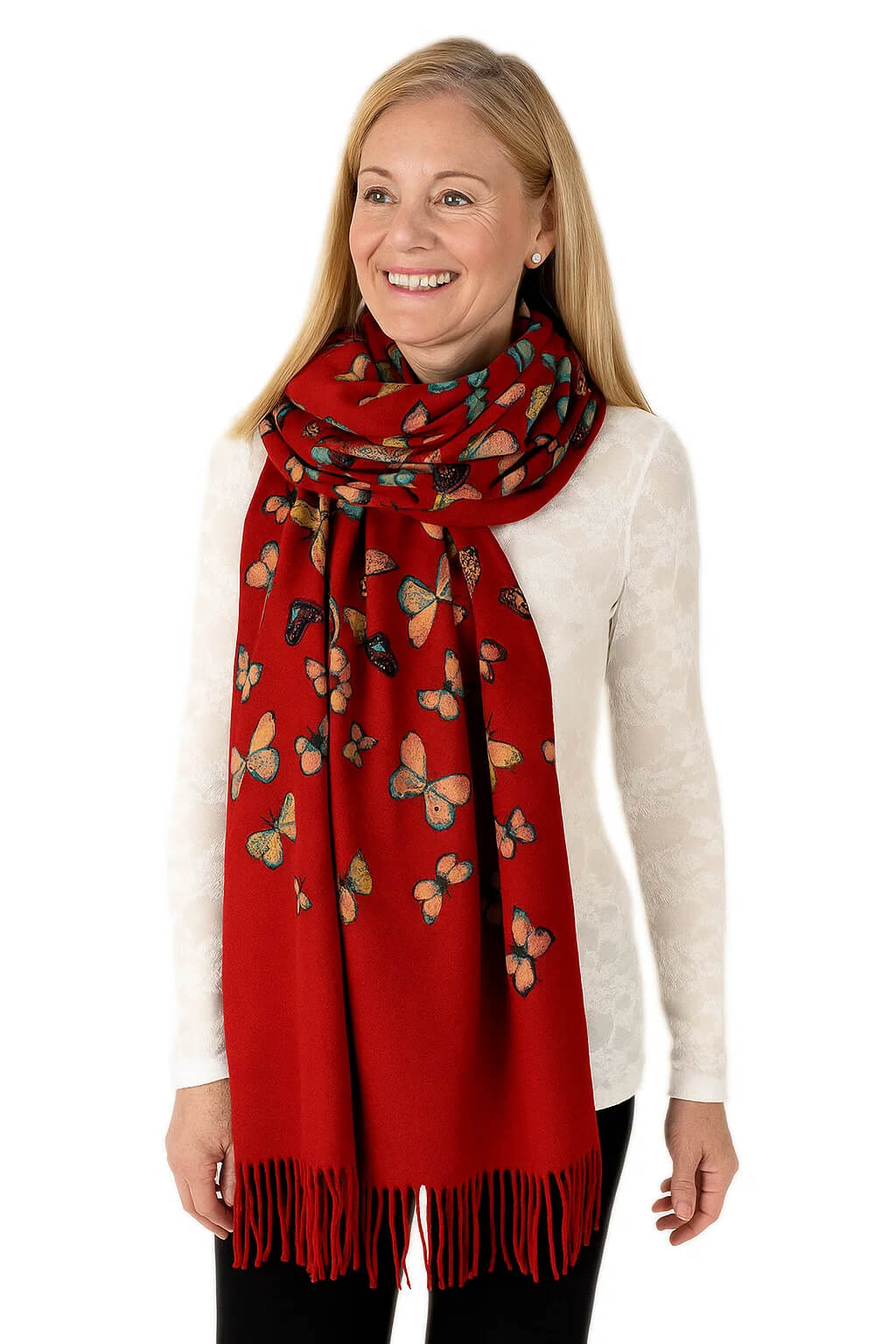 Butterfly Print 100% Cashmere Wrap Scarf with Fringe