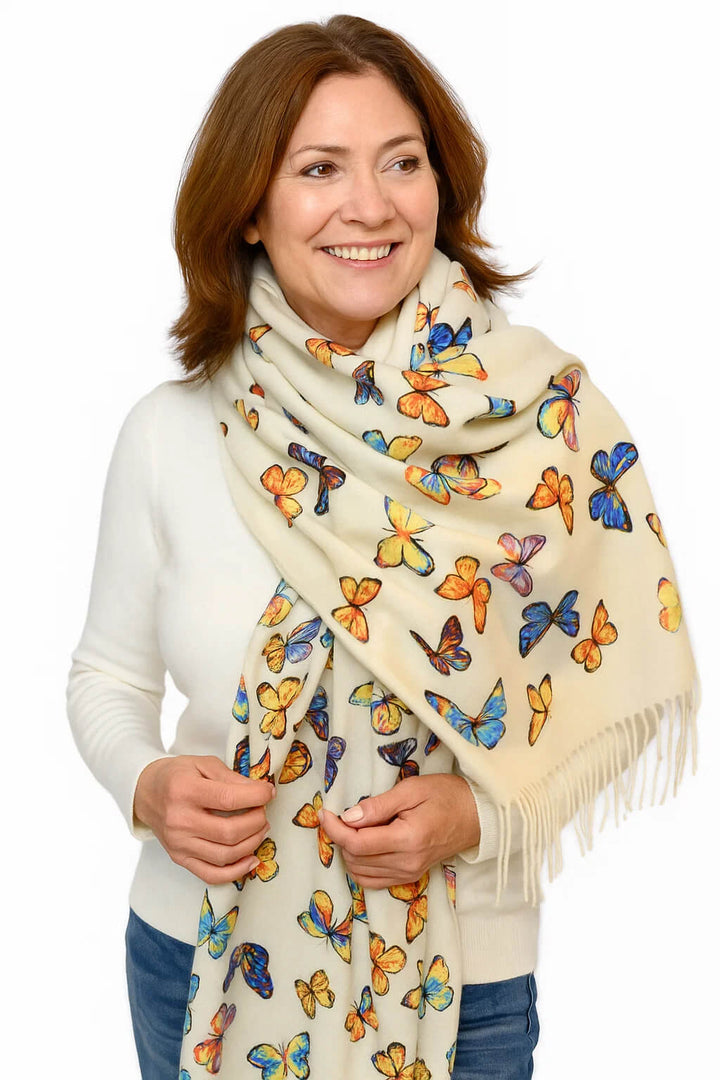 Butterfly Print 100% Cashmere Wrap Scarf with Fringe