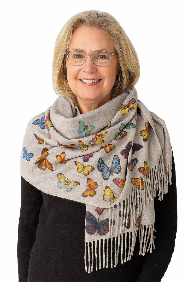 Butterfly Print 100% Cashmere Wrap Scarf with Fringe