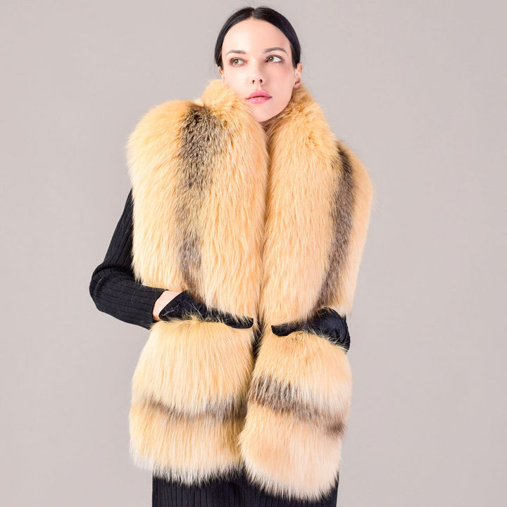 Women's Oversized Real Fox Fur Shawl Wrap Large Fur Collar Scarf with Pocket for Parties and Wedding