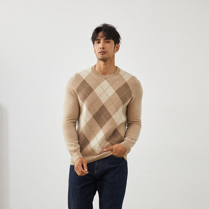 Men's Classic Argyle Knit 100% Cashmere Crewneck Pullover Sweater