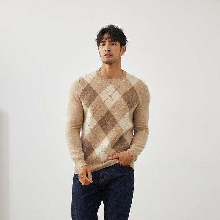 Men's Classic Argyle Knit 100% Cashmere Crewneck Pullover Sweater