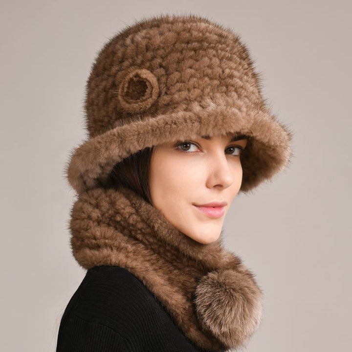 Luxury Mink Fur Hat and Scarf Set for Women Elegant Winter Bucket Hat with Matching Fur Neck Pom-Pom Warmer