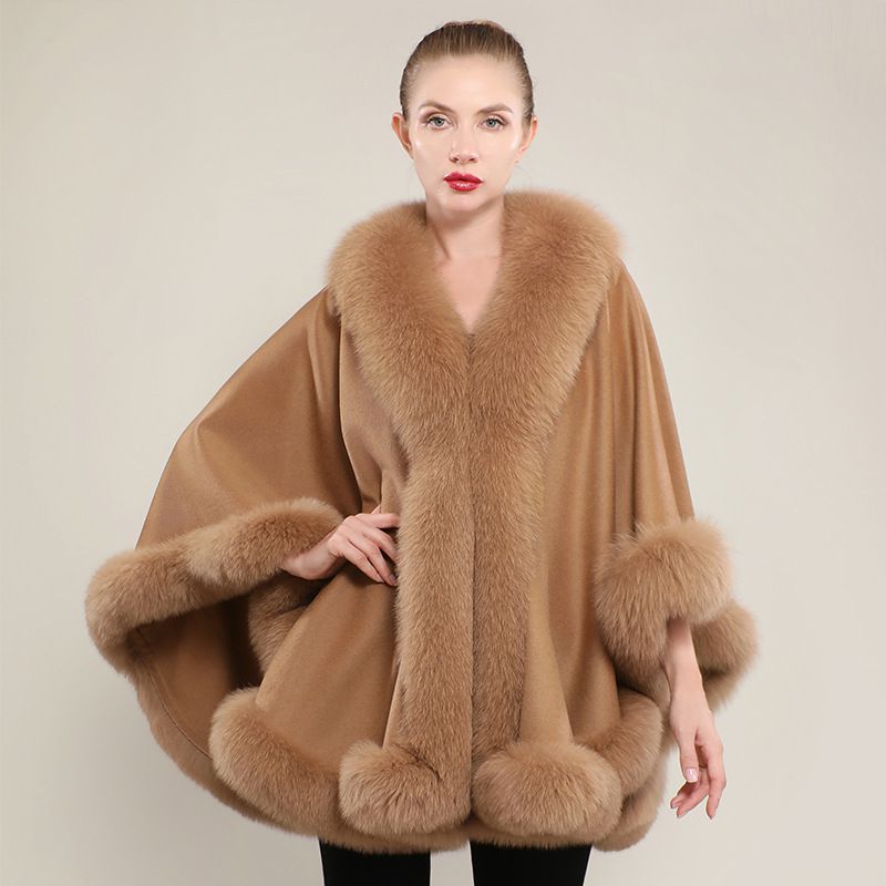 Women’s Oversized Cashmere Poncho Cape with Real Fox Fur Trim