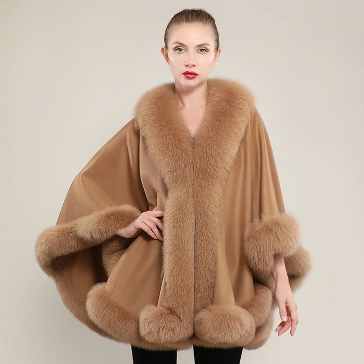 Women’s Oversized Cashmere Poncho Cape with Real Fox Fur Trim
