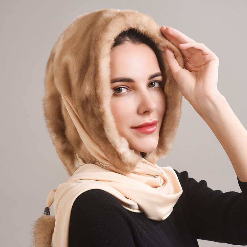 Luxury Real Mink Fur Hooded Hat with Scarf Elegant Winter Fur Hood for Women