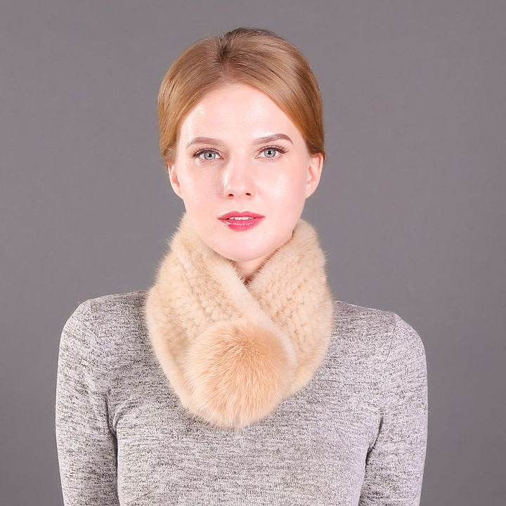 Women's Real Mink Fur Scarf with Fox Fur Pom-Pom Soft Luxury Winter Neck Warmer Lightweight & Elegant Collar Wrap
