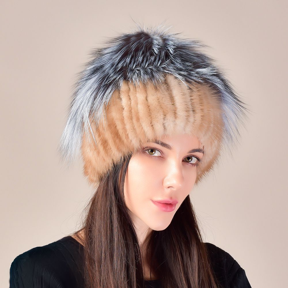 Mink Fur Knitted Winter Hat for Women with Multi-Colored Fluffy Fox Fur Crown and Pom-Poms