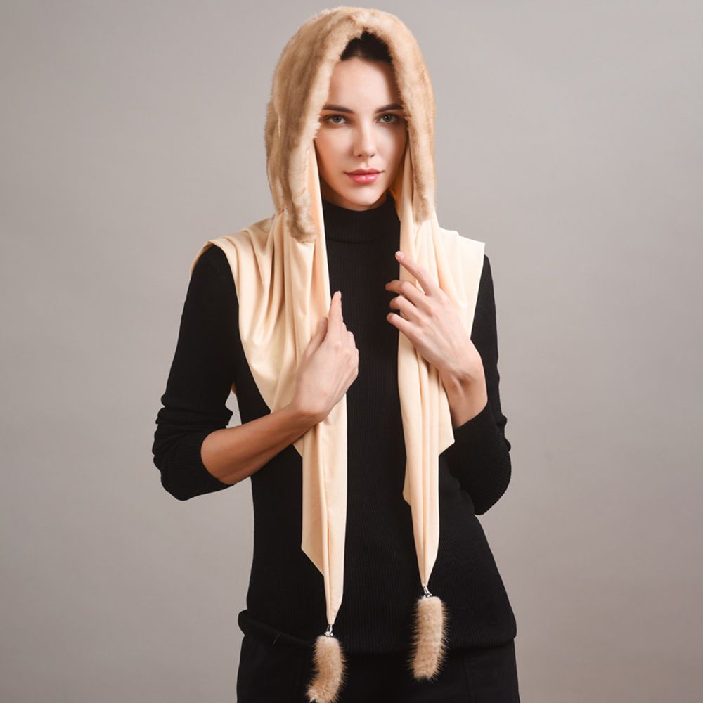 Luxury Real Mink Fur Hooded Hat with Scarf Elegant Winter Fur Hood for Women