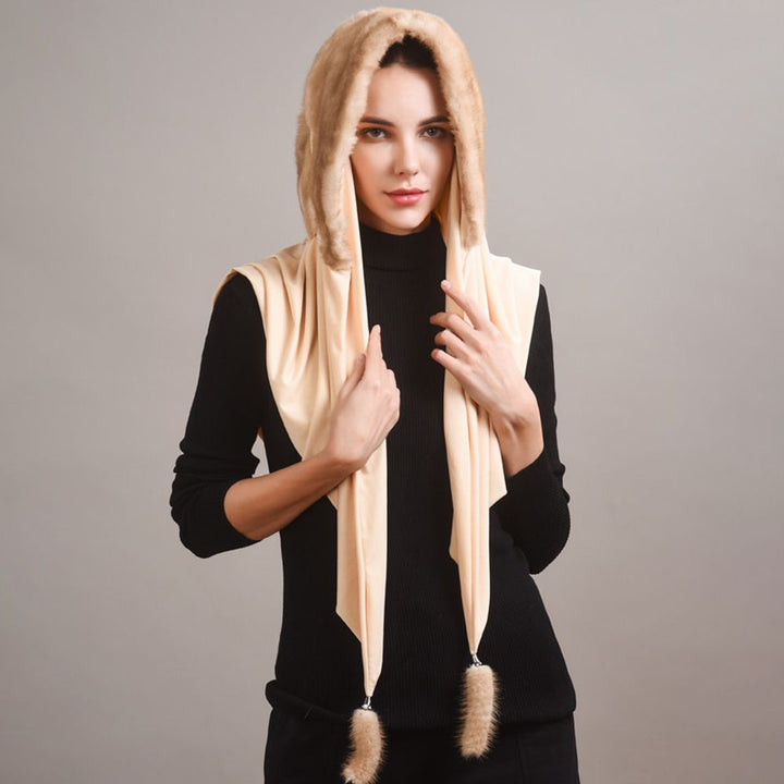 Luxury Real Mink Fur Hooded Hat with Scarf Elegant Winter Fur Hood for Women