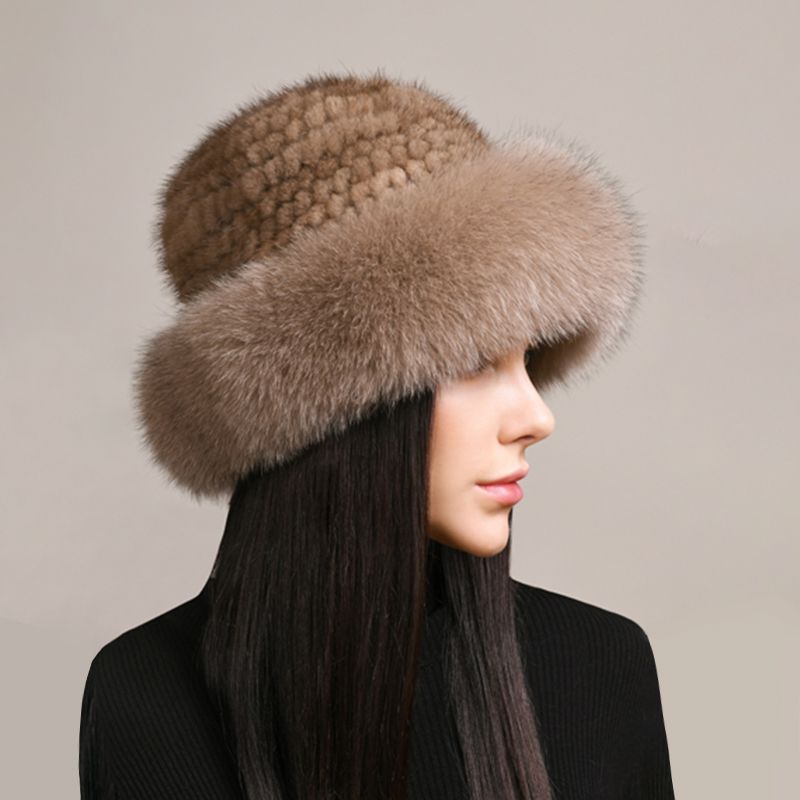 Luxury Mink Fur Hat for Women Full Fox Fur Brim Winter Bucket Hat