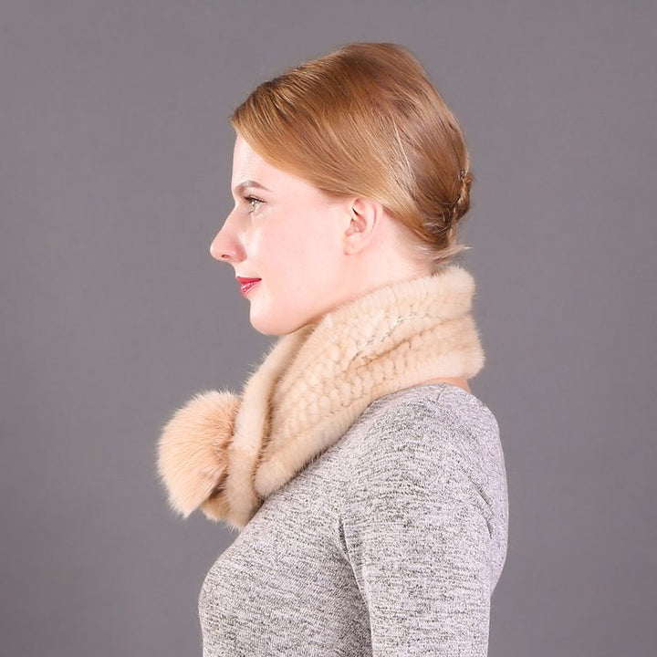 Women's Real Mink Fur Scarf with Fox Fur Pom-Pom Soft Luxury Winter Neck Warmer Lightweight & Elegant Collar Wrap