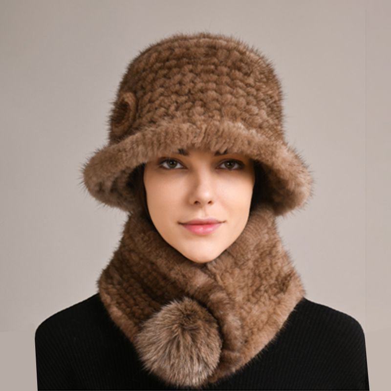 Luxury Mink Fur Hat and Scarf Set for Women Elegant Winter Bucket Hat with Matching Fur Neck Pom-Pom Warmer