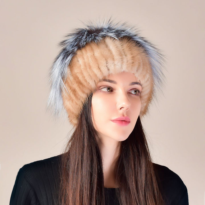 Mink Fur Knitted Winter Hat for Women with Multi-Colored Fluffy Fox Fur Crown and Pom-Poms