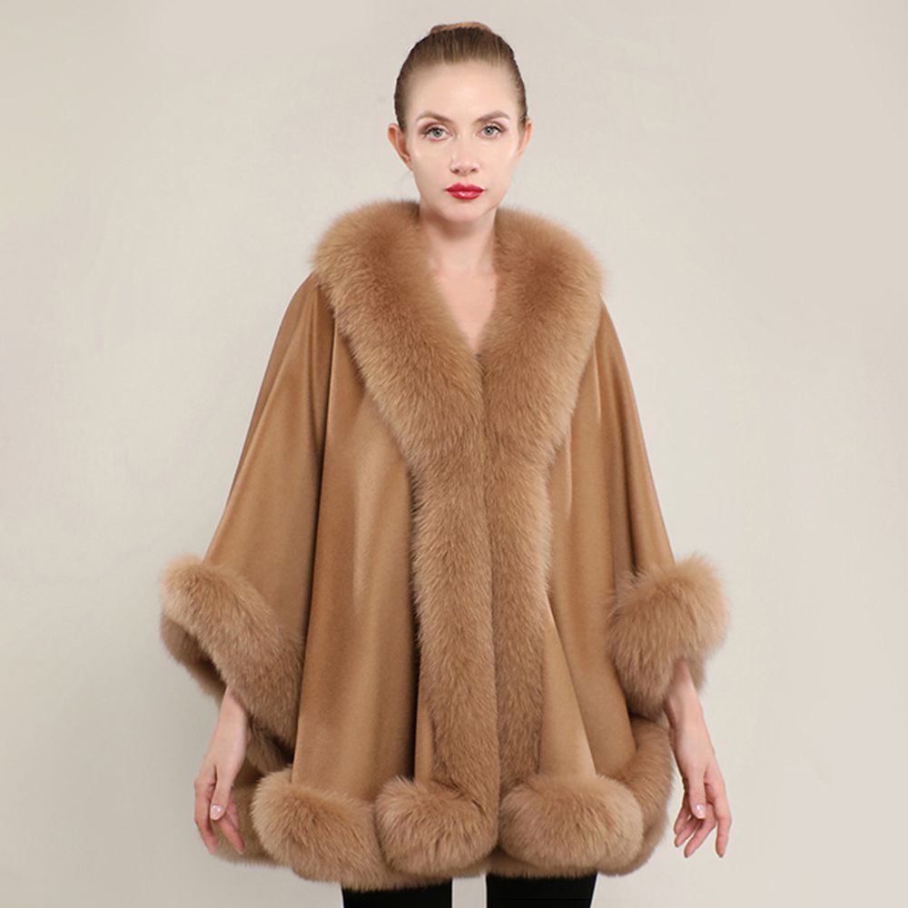 Women’s Oversized Cashmere Poncho Cape with Real Fox Fur Trim
