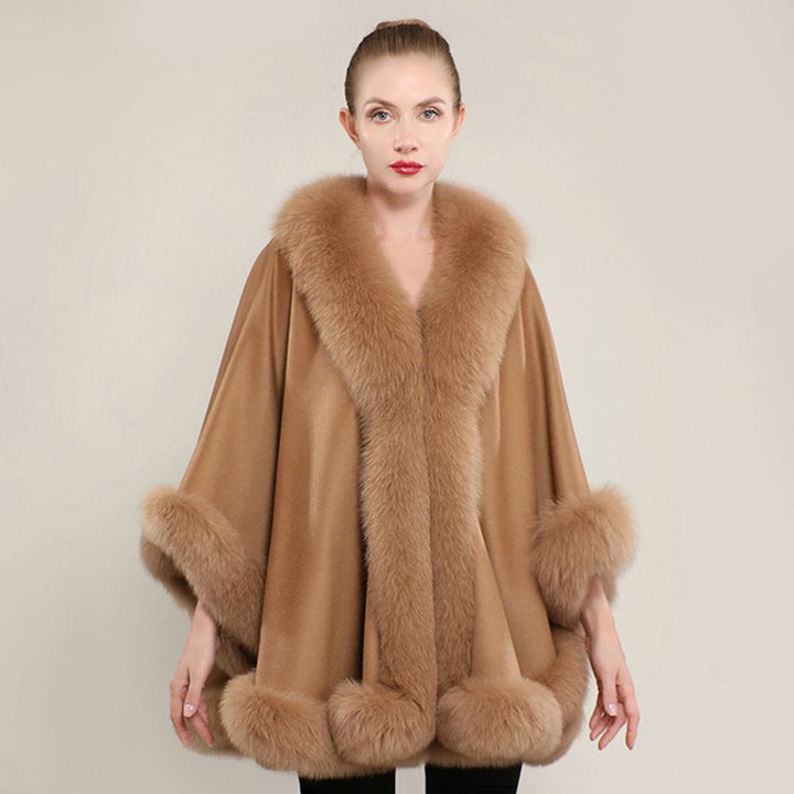 Women’s Oversized Cashmere Poncho Cape with Real Fox Fur Trim