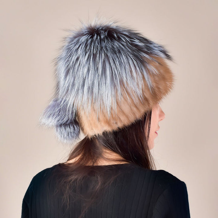 Mink Fur Knitted Winter Hat for Women with Multi-Colored Fluffy Fox Fur Crown and Pom-Poms
