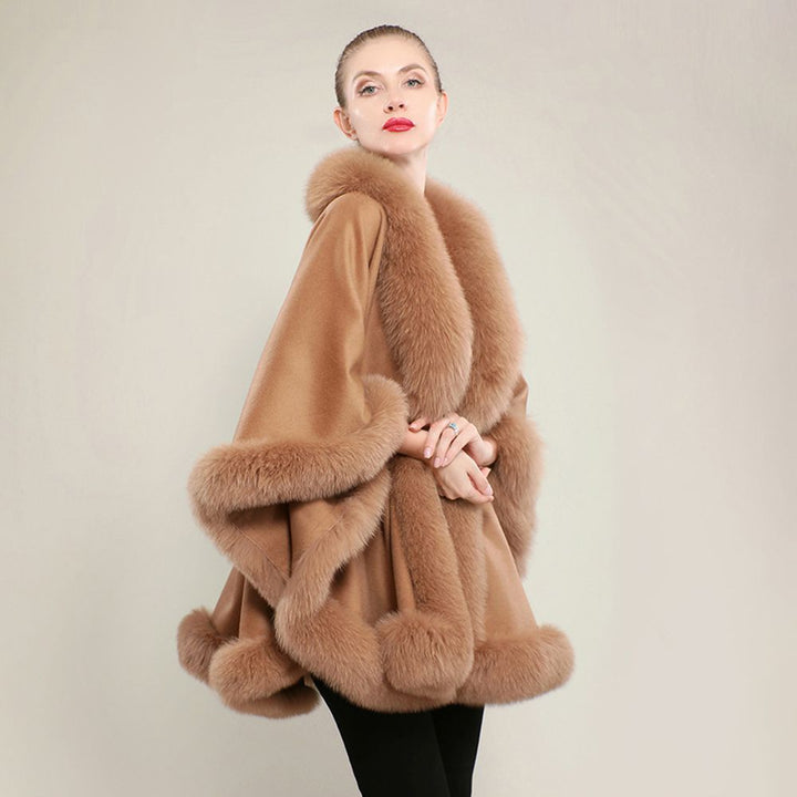 Women’s Oversized Cashmere Poncho Cape with Real Fox Fur Trim