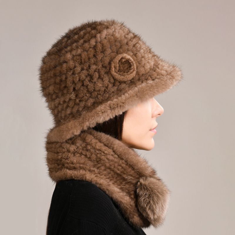 Luxury Mink Fur Hat and Scarf Set for Women Elegant Winter Bucket Hat with Matching Fur Neck Pom-Pom Warmer