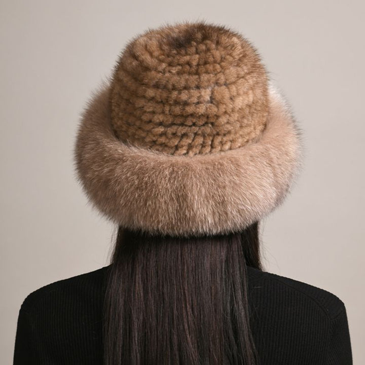 Luxury Mink Fur Hat for Women Full Fox Fur Brim Winter Bucket Hat