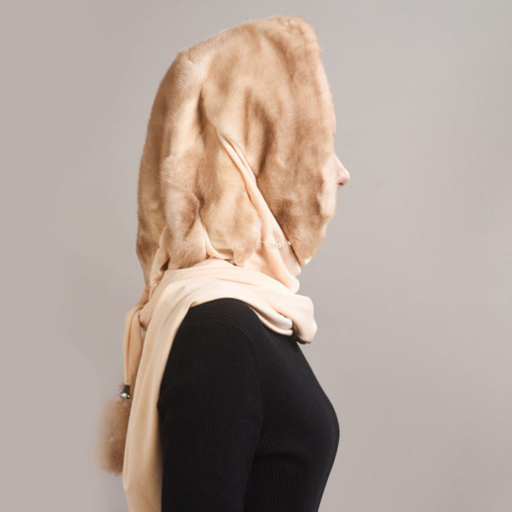 Luxury Real Mink Fur Hooded Hat with Scarf Elegant Winter Fur Hood for Women