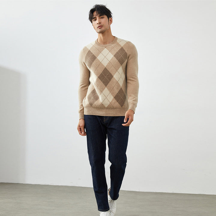 Men's Classic Argyle Knit 100% Cashmere Crewneck Pullover Sweater